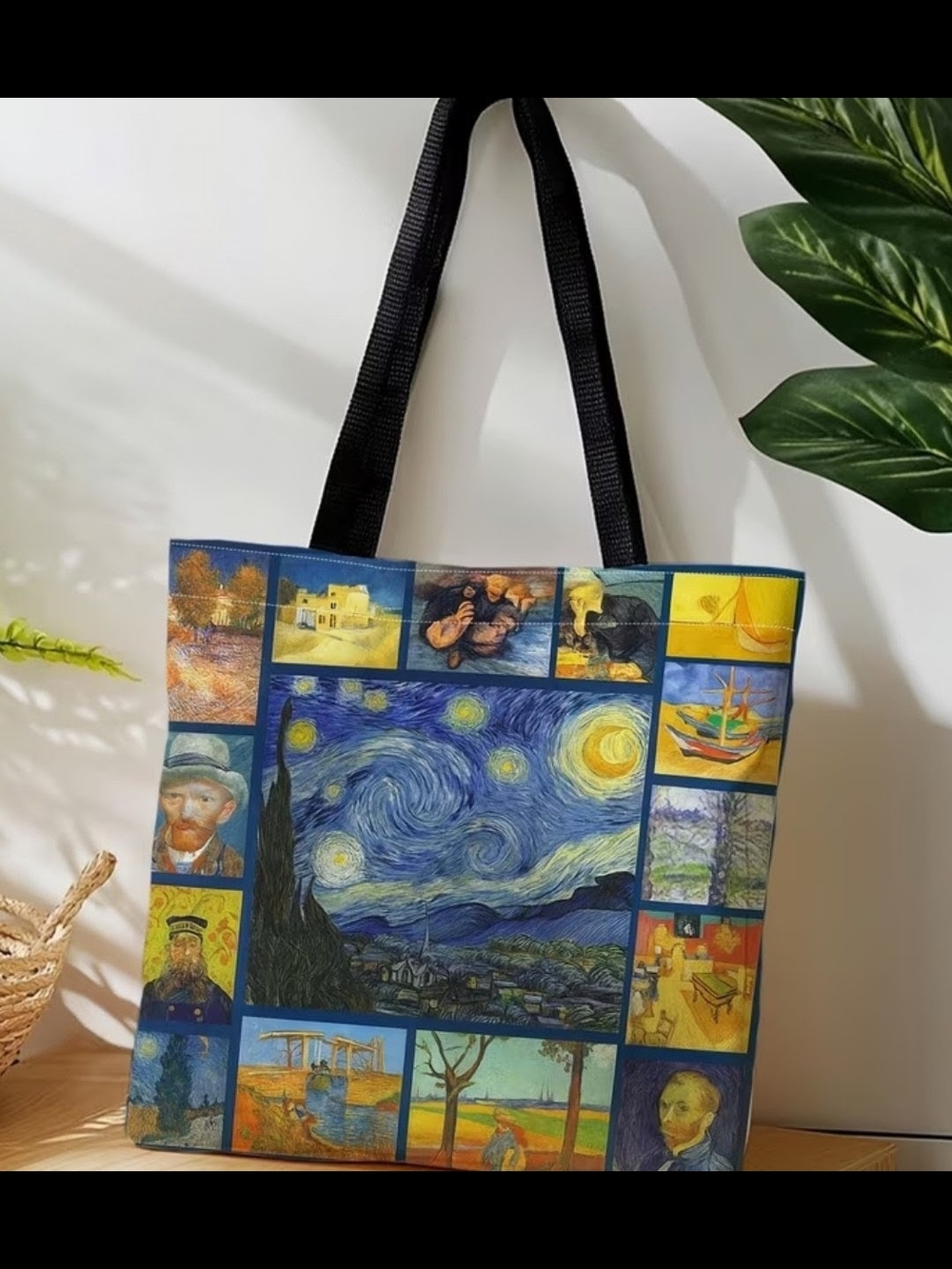 Art Collage Tote Bag with Starry Night Print - Blue & Yellow